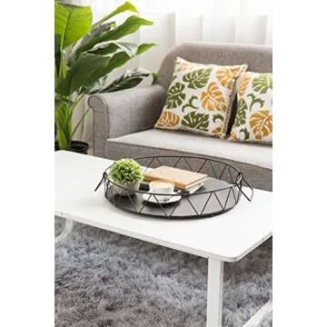 MyGift 19 Inch Round Modern Matte Black Metal Decorative Serving Tray, Coffee Table Centerpiece Base with Triangular Openwork Wire Pattern Frame and Handles