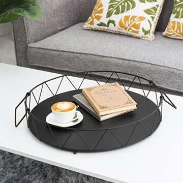 MyGift 19 Inch Round Modern Matte Black Metal Decorative Serving Tray, Coffee Table Centerpiece Base with Triangular Openwork Wire Pattern Frame and Handles