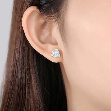 White Gold Rose Flower Stud Earrings for Women Gift