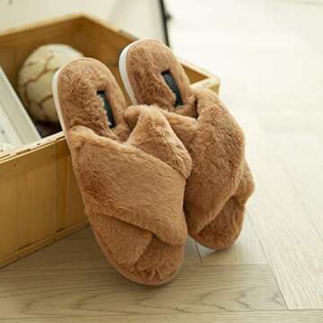 LA CARRIE women's Fuzzy Slippers Faux Fur Fluffy House Flats Slippers Cross Band Soft Comfy Cozy Bed...