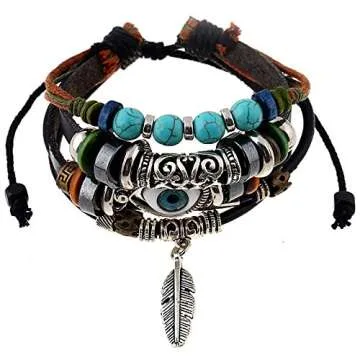 Sosu Multilayer Leather Bracelet: Handmade Beaded Jewelry with Blue Eye Design
