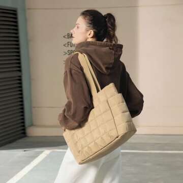 befen Tote Bag for Women, Lightweight Puffy Tote Bag with Compartments, Large 15.6 Inch Laptop Shoulder Bag with Zipper, Quilted Shoulder Bag Handbag for Travel, Work, Gym, Khaki