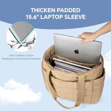 befen Tote Bag for Women, Lightweight Puffy Tote Bag with Compartments, Large 15.6 Inch Laptop Shoulder Bag with Zipper, Quilted Shoulder Bag Handbag for Travel, Work, Gym, Khaki