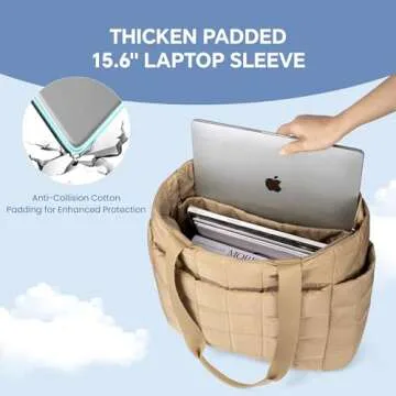 befen Tote Bag for Women, Lightweight Puffy Tote Bag with Compartments, Large 15.6 Inch Laptop Shoulder Bag with Zipper, Quilted Shoulder Bag Handbag for Travel, Work, Gym, Khaki