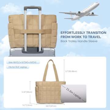 befen Tote Bag for Women, Lightweight Puffy Tote Bag with Compartments, Large 15.6 Inch Laptop Shoulder Bag with Zipper, Quilted Shoulder Bag Handbag for Travel, Work, Gym, Khaki