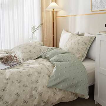BuLuTu Twin Khaki Duvet Cover Set with Lychee Flower Pattern Reversible Soft Duvet Cover Set Reverse Side Sage Green with Garden Floral Comforter Cover 100% Cotton for Girls with Zipper&Conner Ties