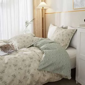 BuLuTu Twin Khaki Duvet Cover Set with Lychee Flower Pattern Reversible Soft Duvet Cover Set Reverse Side Sage Green with Garden Floral Comforter Cover 100% Cotton for Girls with Zipper&Conner Ties