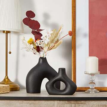 Serwalin Black Ceramic Vase Set 2 for Modern Home Decor, Round Matte Donut Vases for Pampas Grass, Nordic Minimalism Boho Style Decor for Living Room Dinner Table Party Bedroom(No Pampas)