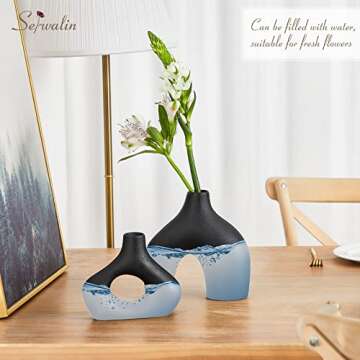 Serwalin Black Ceramic Vase Set 2 for Modern Home Decor, Round Matte Donut Vases for Pampas Grass, Nordic Minimalism Boho Style Decor for Living Room Dinner Table Party Bedroom(No Pampas)