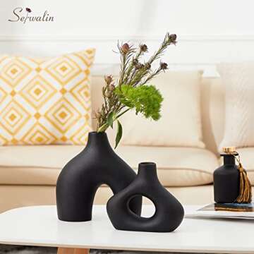 Serwalin Black Ceramic Vase Set 2 for Modern Home Decor, Round Matte Donut Vases for Pampas Grass, Nordic Minimalism Boho Style Decor for Living Room Dinner Table Party Bedroom(No Pampas)