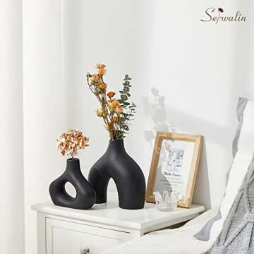 Serwalin Black Ceramic Vase Set 2 for Modern Home Decor, Round Matte Donut Vases for Pampas Grass, Nordic Minimalism Boho Style Decor for Living Room Dinner Table Party Bedroom(No Pampas)