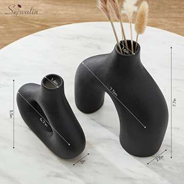 Serwalin Black Ceramic Vase Set 2 for Modern Home Decor, Round Matte Donut Vases for Pampas Grass, Nordic Minimalism Boho Style Decor for Living Room Dinner Table Party Bedroom(No Pampas)