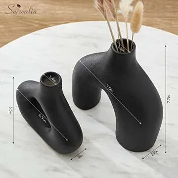 Serwalin Black Ceramic Vase Set 2 for Modern Home Decor, Round Matte Donut Vases for Pampas Grass, Nordic Minimalism Boho Style Decor for Living Room Dinner Table Party Bedroom(No Pampas)