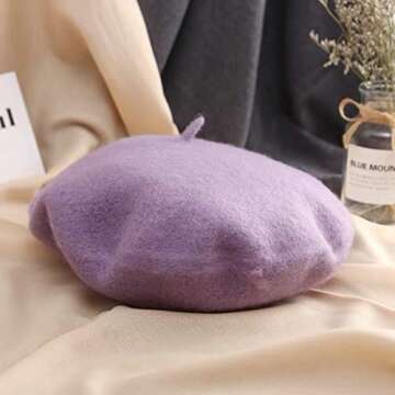 Gllutt Women Wool Beret Hat French Style Solid Color (Lilac)