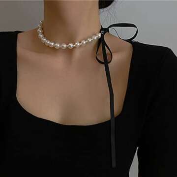 YienDoo Vintage Baroque Pearl Choker Necklace Chain Boho Faux Pearl Chain Charm Long Wide Black Velvet Ribbon Bowknot Neck Tie Chain Elegant Collar Necklace Jewelry for Women