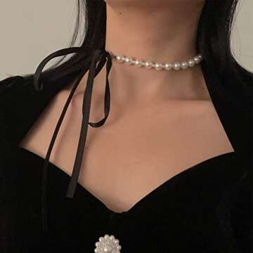 YienDoo Vintage Baroque Pearl Choker Necklace Chain Boho Faux Pearl Chain Charm Long Wide Black Velvet Ribbon Bowknot Neck Tie Chain Elegant Collar Necklace Jewelry for Women