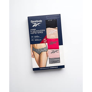 Reebok Women's Hipster Panties - 5 Pack Breathable Stretch Performance Hipster Briefs - Seamless Underwear for Women (S-XL), Size Large, Sharkskin/Dusty Pink/Black/Nude/Rasberry Pink