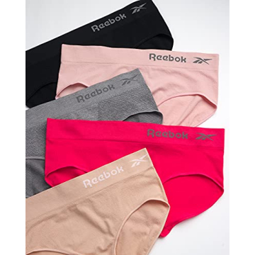 Reebok Women's Hipster Panties - 5 Pack Breathable Stretch Performance Hipster Briefs - Seamless Underwear for Women (S-XL), Size Large, Sharkskin/Dusty Pink/Black/Nude/Rasberry Pink