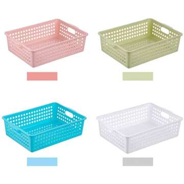 Lawei 8 Pack Plastic Storage Baskets - Colorful Paper Organizer Baskets Plastic Shelf Bins with Hand...