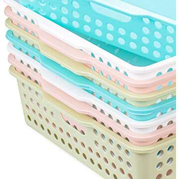 Lawei 8 Pack Plastic Storage Baskets - Colorful Paper Organizer Baskets Plastic Shelf Bins with Handles, Classroom Office File Holder for Home Office School