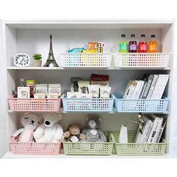 Lawei 8 Pack Plastic Storage Baskets - Colorful Paper Organizer Baskets Plastic Shelf Bins with Handles, Classroom Office File Holder for Home Office School