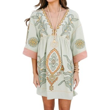 Boho Summer Floral Sundresses Y2k T-Shirt Mini Dresses for Women 2024 Casual Flowy Puff Sleeve Short...