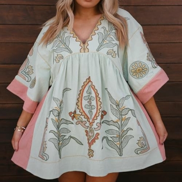 Boho Summer Floral Sundresses Y2k T-Shirt Mini Dresses for Women 2024 Casual Flowy Puff Sleeve Short Babydoll Beach Sun Dress Light Grey