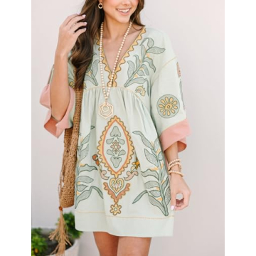Boho Summer Floral Sundresses Y2k T-Shirt Mini Dresses for Women 2024 Casual Flowy Puff Sleeve Short Babydoll Beach Sun Dress Light Grey