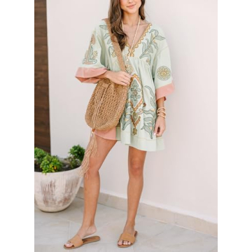 Boho Summer Floral Sundresses Y2k T-Shirt Mini Dresses for Women 2024 Casual Flowy Puff Sleeve Short Babydoll Beach Sun Dress Light Grey