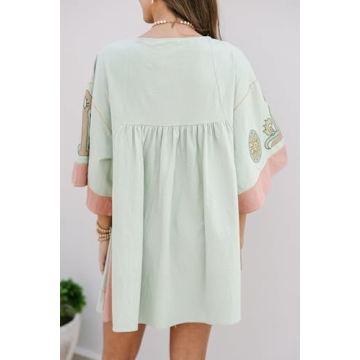 Boho Summer Floral Sundresses Y2k T-Shirt Mini Dresses for Women 2024 Casual Flowy Puff Sleeve Short Babydoll Beach Sun Dress Light Grey