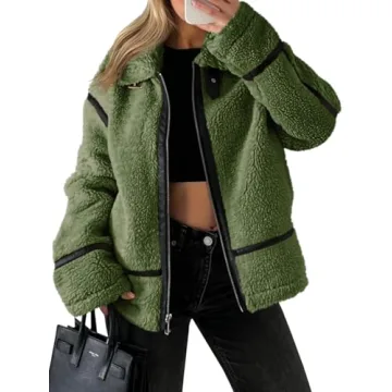 Tankaneo Womens Faux Fur Jacket Winter Trendy Sherpa Moto Leather Patchwork Zip Up Coat