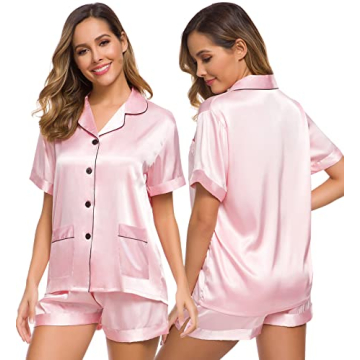 SWOMOG Women Satin Pajamas Set Short Sleeve Sleepwear Soft Silky Button-up Nightwear with Pockets PJ...