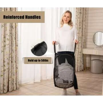 HOUSE AGAIN Mesh Popup Laundry Hamper, [Reinforced] Collapsible Laundry Basket, Foldable Pop Up Hamper with Durable Handles, Easy to Open and Fold for Dorm, Laundry Room, Bedroom, Travel, (Black)