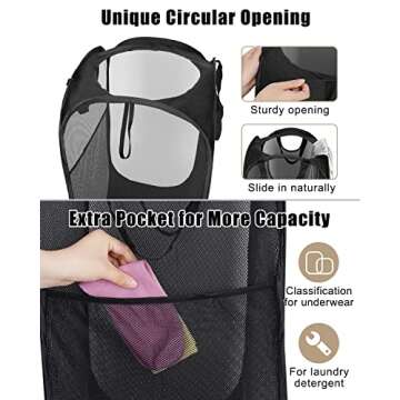HOUSE AGAIN Mesh Popup Laundry Hamper, [Reinforced] Collapsible Laundry Basket, Foldable Pop Up Hamper with Durable Handles, Easy to Open and Fold for Dorm, Laundry Room, Bedroom, Travel, (Black)