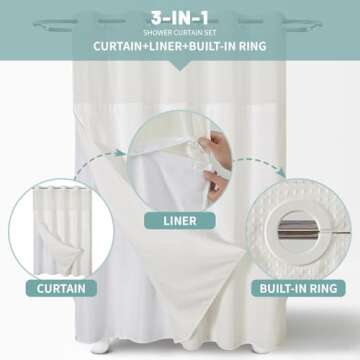 eachope Cream No Hook Waffle Weave Shower Curtain with snap-in Liner Replacement, 230GSM Waterproof Fabric Hotel Shower Curtain Set for Bathroom, Through Mesh Top Window,71Wx74H