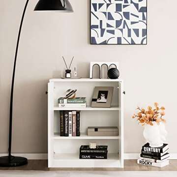 LOKO 2-Door Storage Cabinet, Modern Floor Cabinet with 3-Tier Shelf, Freestanding Side Cabinet with Anti-Toppling Device, Storage Organizer for Living Room, Kitchen, Dining Room, Entryway (White)