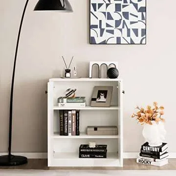 LOKO 2-Door Storage Cabinet, Modern Floor Cabinet with 3-Tier Shelf, Freestanding Side Cabinet with Anti-Toppling Device, Storage Organizer for Living Room, Kitchen, Dining Room, Entryway (White)