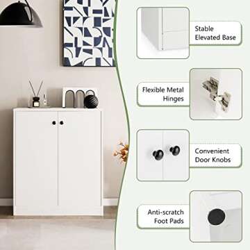 LOKO 2-Door Storage Cabinet, Modern Floor Cabinet with 3-Tier Shelf, Freestanding Side Cabinet with Anti-Toppling Device, Storage Organizer for Living Room, Kitchen, Dining Room, Entryway (White)