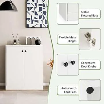 LOKO 2-Door Storage Cabinet, Modern Floor Cabinet with 3-Tier Shelf, Freestanding Side Cabinet with Anti-Toppling Device, Storage Organizer for Living Room, Kitchen, Dining Room, Entryway (White)