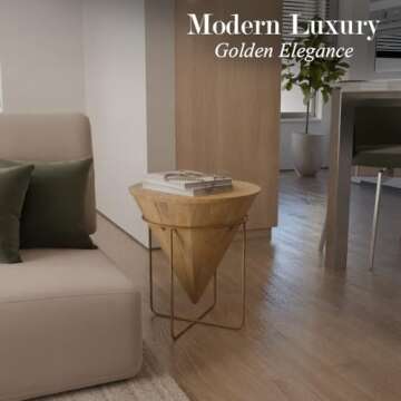 Relso Solara Mango Wood End Table, Stunning Grain| Solid Mango Wood Modern Living Room Side Table with Elegant Gold Metal Frame | Wood Side Table for Modern Home Decor | Unique Accent Furniture