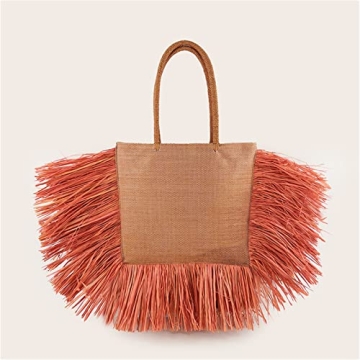 RBT1 Natural Straw Woven Tote HandBag With Tassel For Women Woman's Rattan Knitted Shoulder Bag Large Simple Bamboo Beach Basket For Girls Holiday Travel Bohemia Bali Trend (Large, orange)