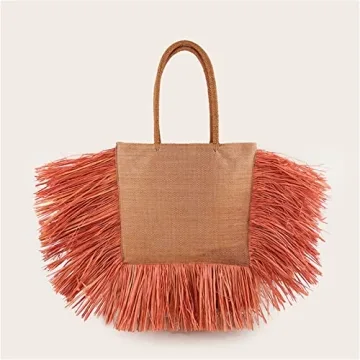 RBT1 Natural Straw Woven Tote HandBag With Tassel For Women Woman's Rattan Knitted Shoulder Bag Large Simple Bamboo Beach Basket For Girls Holiday Travel Bohemia Bali Trend (Large, orange)