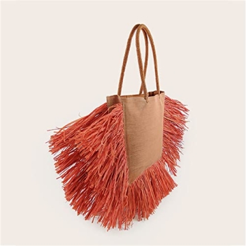 RBT1 Natural Straw Woven Tote HandBag With Tassel For Women Woman's Rattan Knitted Shoulder Bag Large Simple Bamboo Beach Basket For Girls Holiday Travel Bohemia Bali Trend (Large, orange)