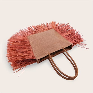 RBT1 Natural Straw Woven Tote HandBag With Tassel For Women Woman's Rattan Knitted Shoulder Bag Large Simple Bamboo Beach Basket For Girls Holiday Travel Bohemia Bali Trend (Large, orange)