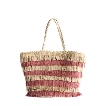 RBT1 Natural Straw Woven Tote HandBag With Tassel For Women Woman's Rattan Knitted Shoulder Bag Large Simple Bamboo Beach Basket For Girls Holiday Travel Bohemia Bali Trend (Large, orange)