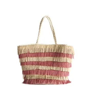 RBT1 Natural Straw Woven Tote HandBag With Tassel For Women Woman's Rattan Knitted Shoulder Bag Large Simple Bamboo Beach Basket For Girls Holiday Travel Bohemia Bali Trend (Large, orange)