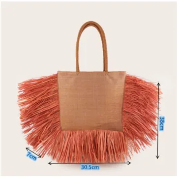 RBT1 Natural Straw Woven Tote HandBag With Tassel For Women Woman's Rattan Knitted Shoulder Bag Large Simple Bamboo Beach Basket For Girls Holiday Travel Bohemia Bali Trend (Large, orange)