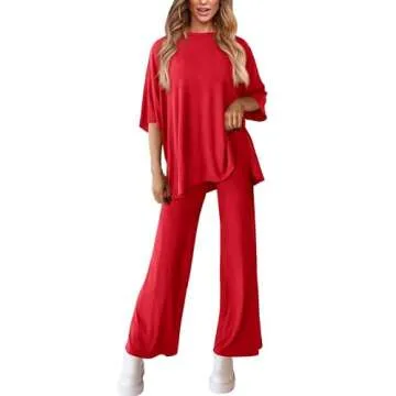 PRETTYGARDEN Women's 2 Piece Outfits Casual Short Sleeve Pullover Tops and Wide Leg Pants Lounge Sets Tracksuits (Red,Medium)