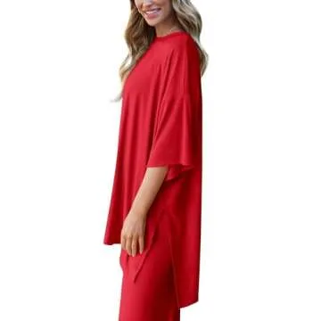 PRETTYGARDEN Women's 2 Piece Outfits Casual Short Sleeve Pullover Tops and Wide Leg Pants Lounge Sets Tracksuits (Red,Medium)