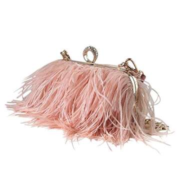 Zakia Real Natural Ostrich Feather Evening Clutch Shoulder Bag Party Bag (A-Pink)